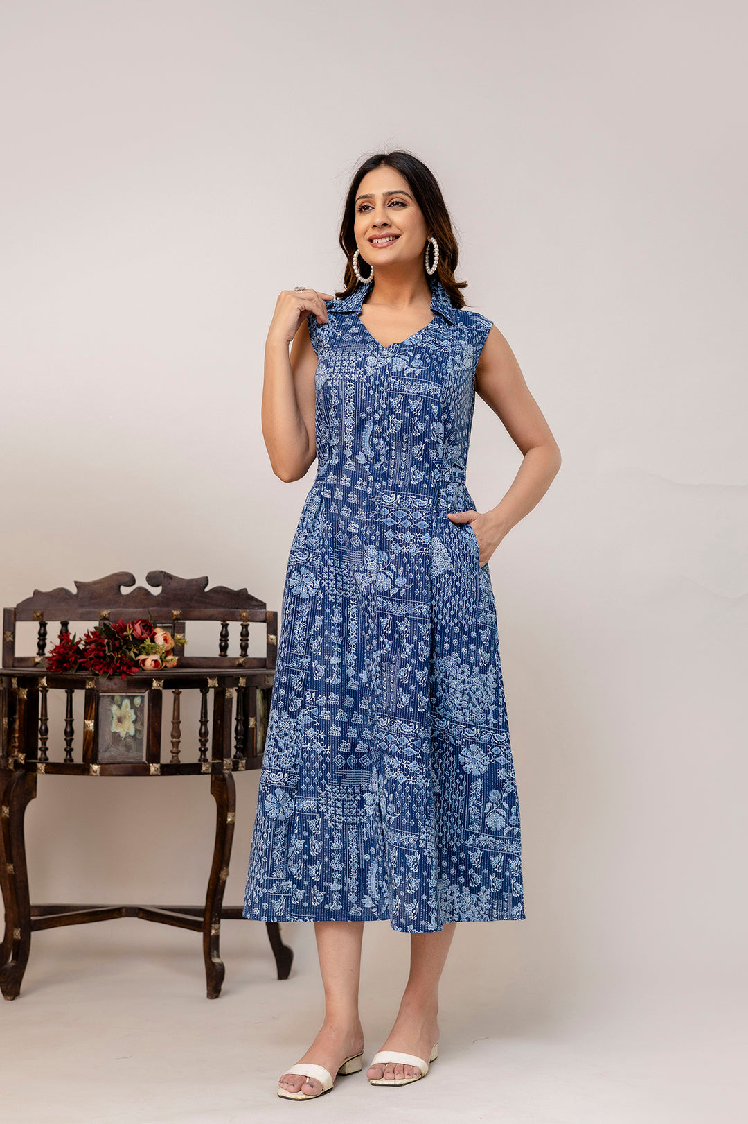 Blue Printed Notched Collar Dress
