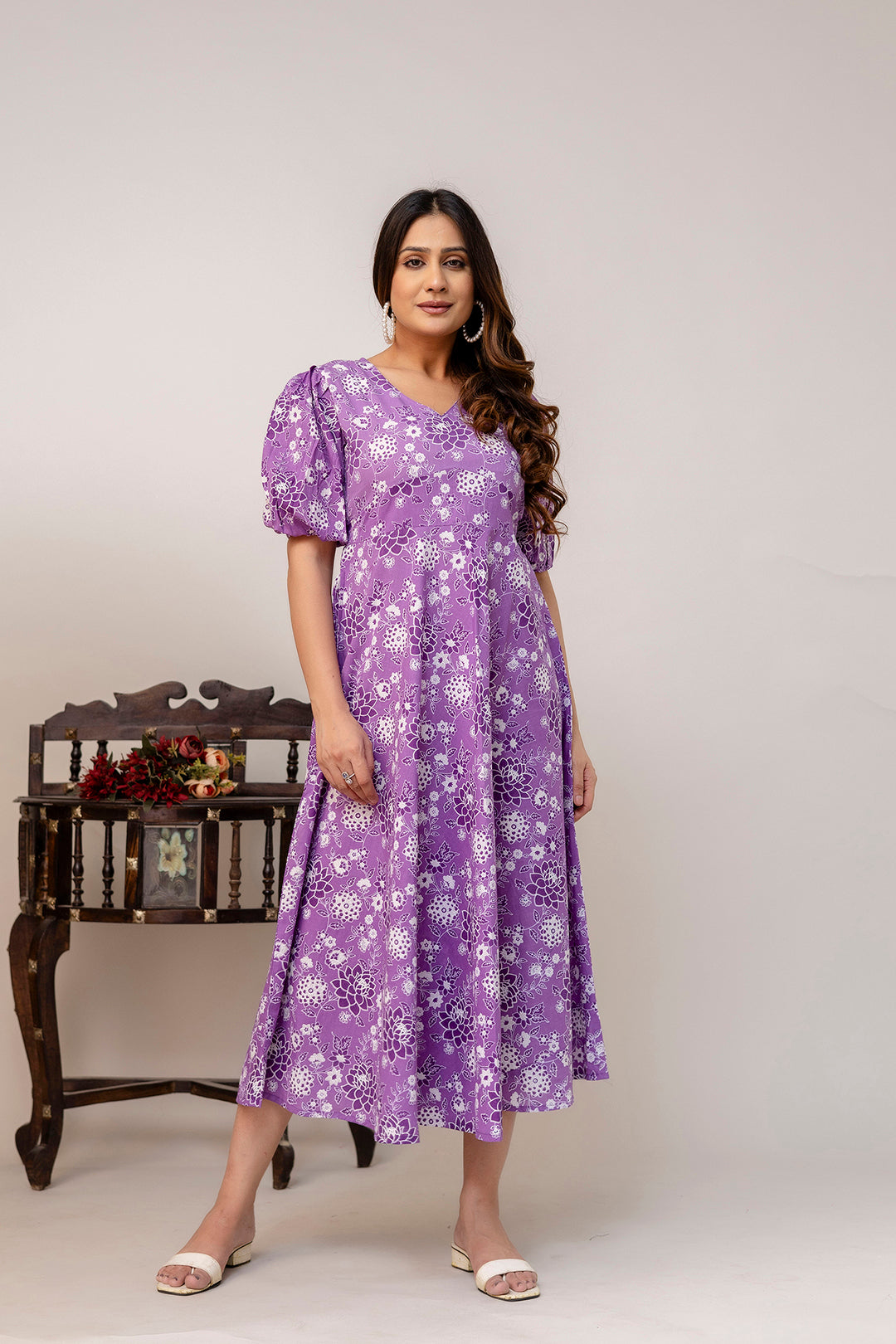 Purple Floral Printed Flared Dress