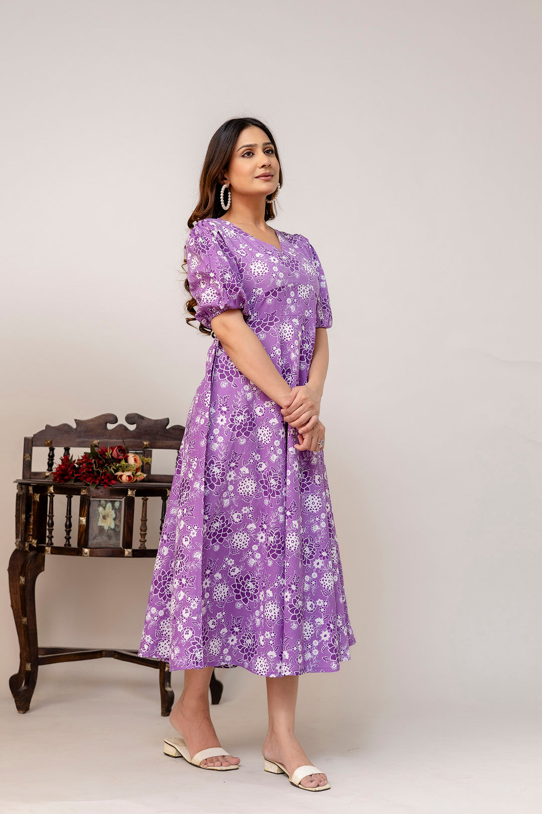 Purple Floral Printed Flared Dress