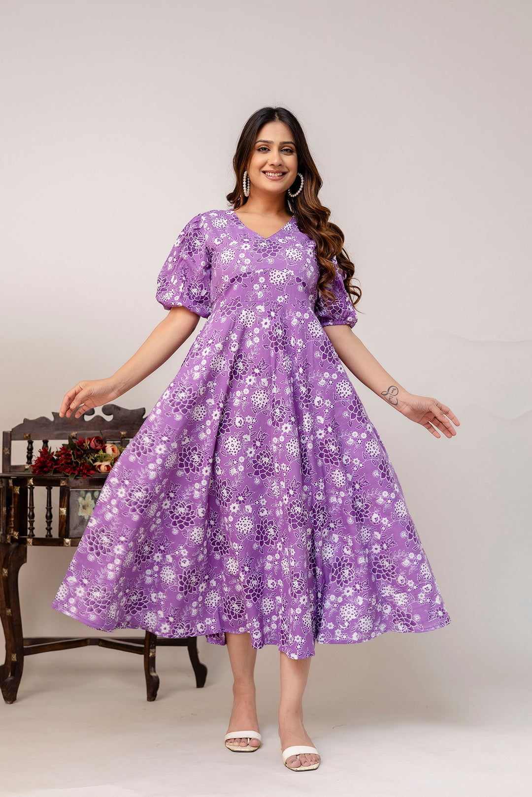 Purple Floral Printed Flared Dress