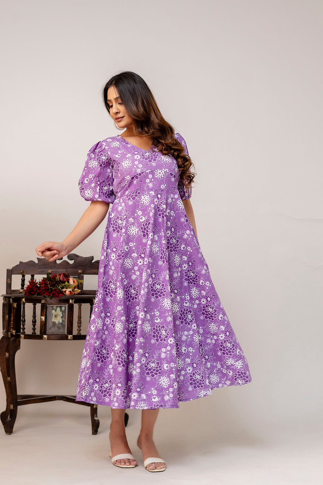 Purple Floral Printed Flared Dress