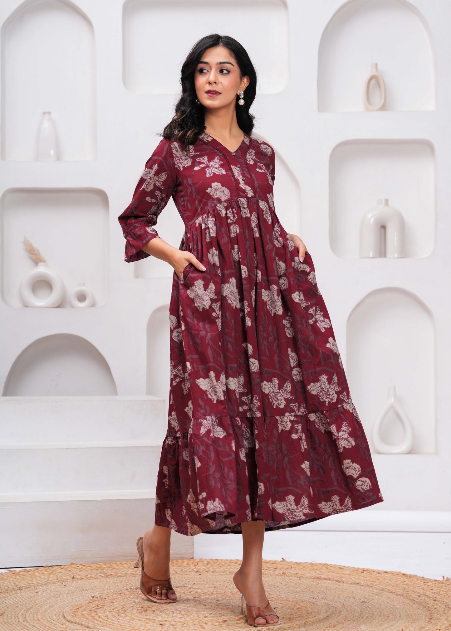 Burgundy Floral Printed Flared Dress