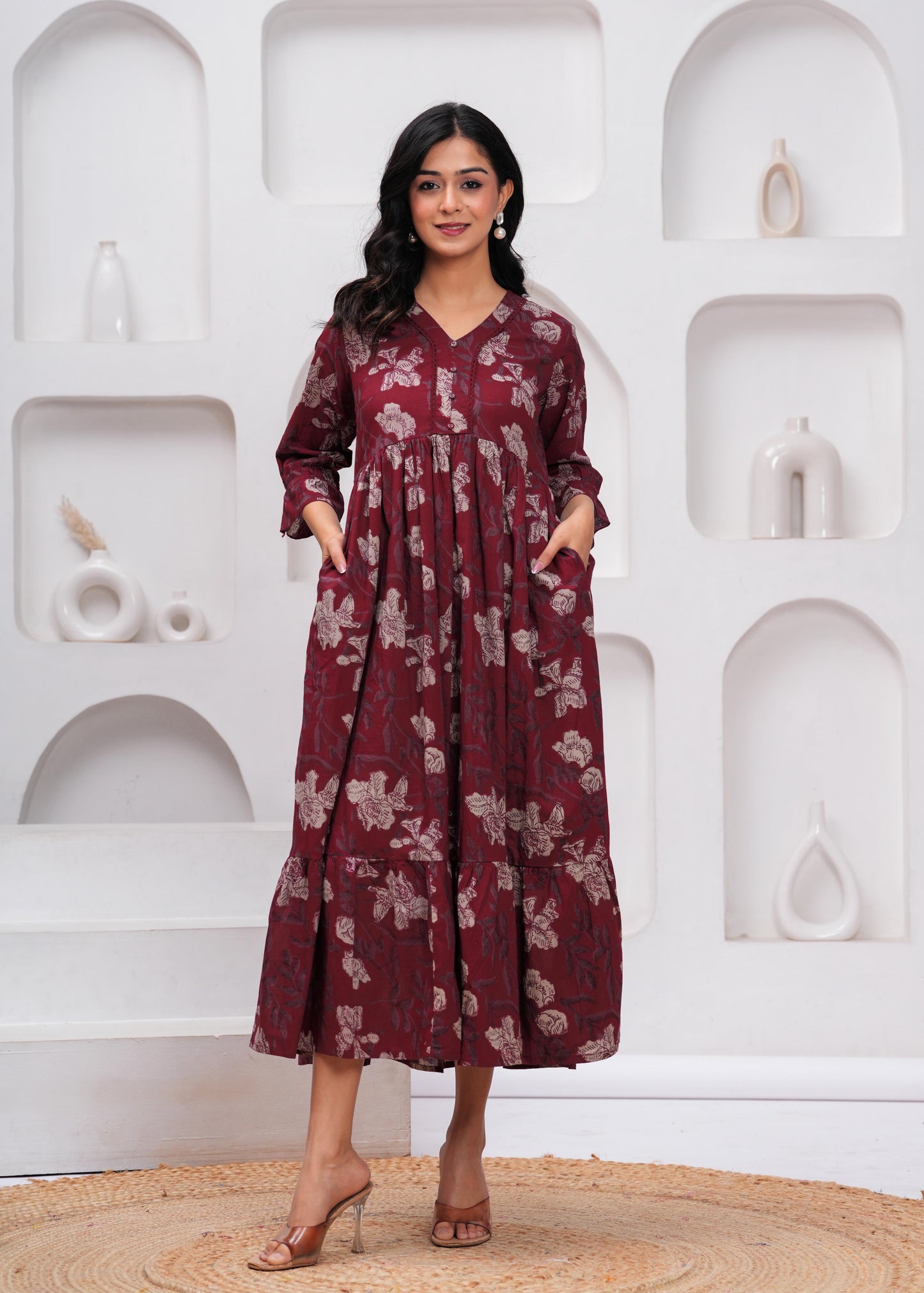 Burgundy Floral Printed Flared Dress