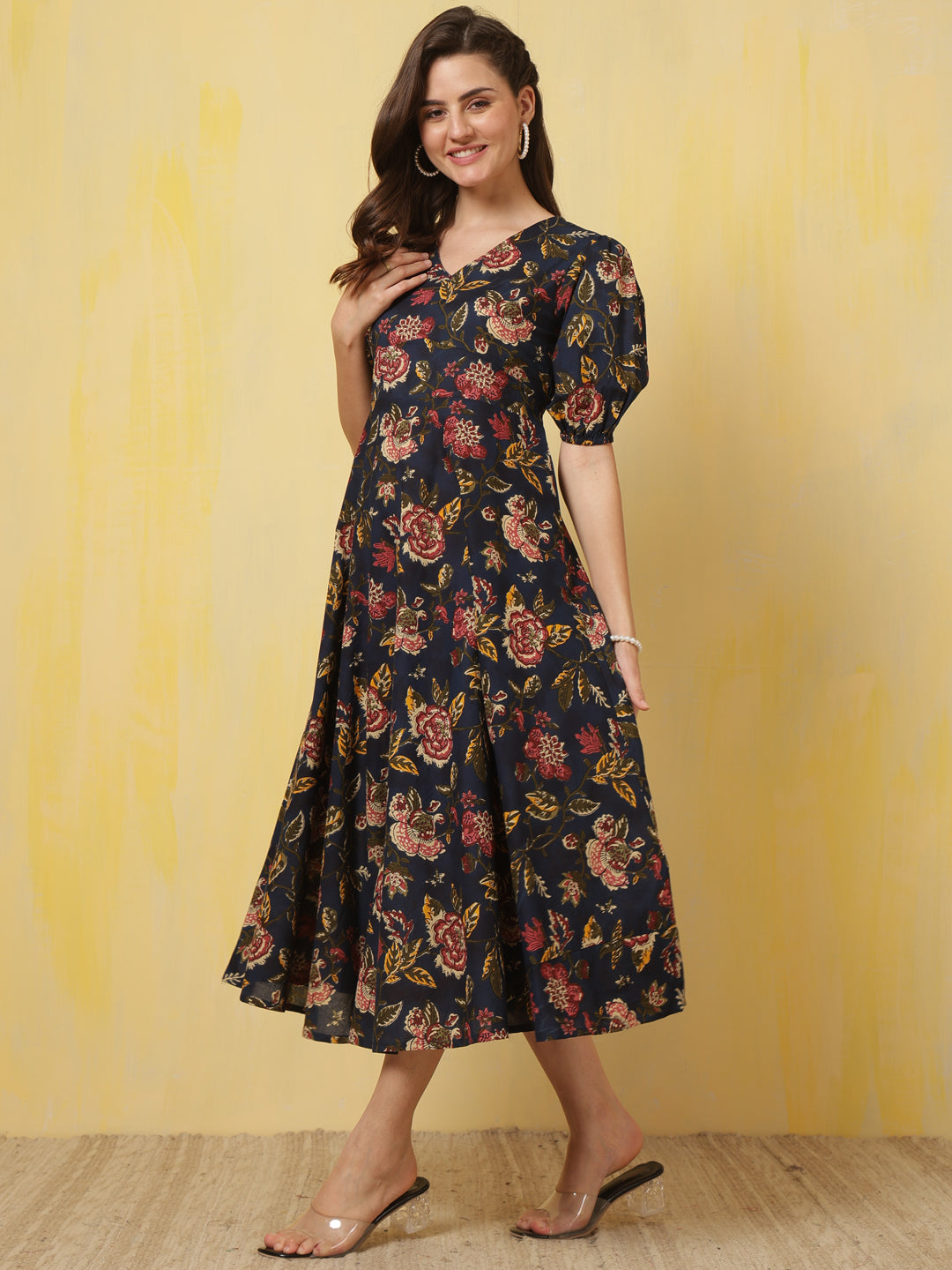 Blue Floral Printed Flared Dress