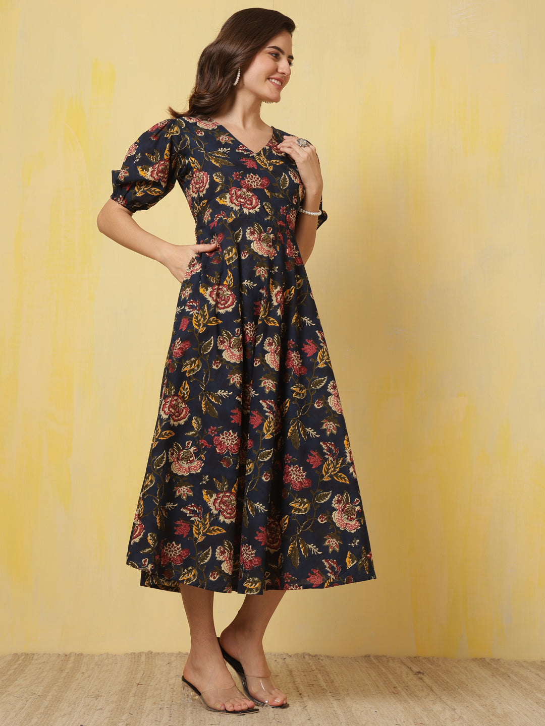 Blue Floral Printed Flared Dress