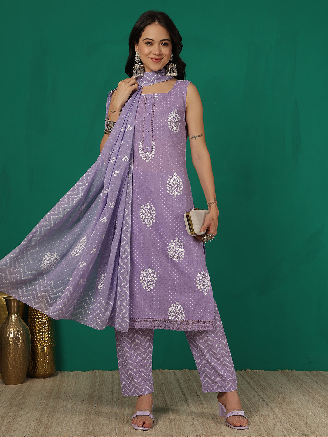 Purple Printed Kurta Set with Dupatta