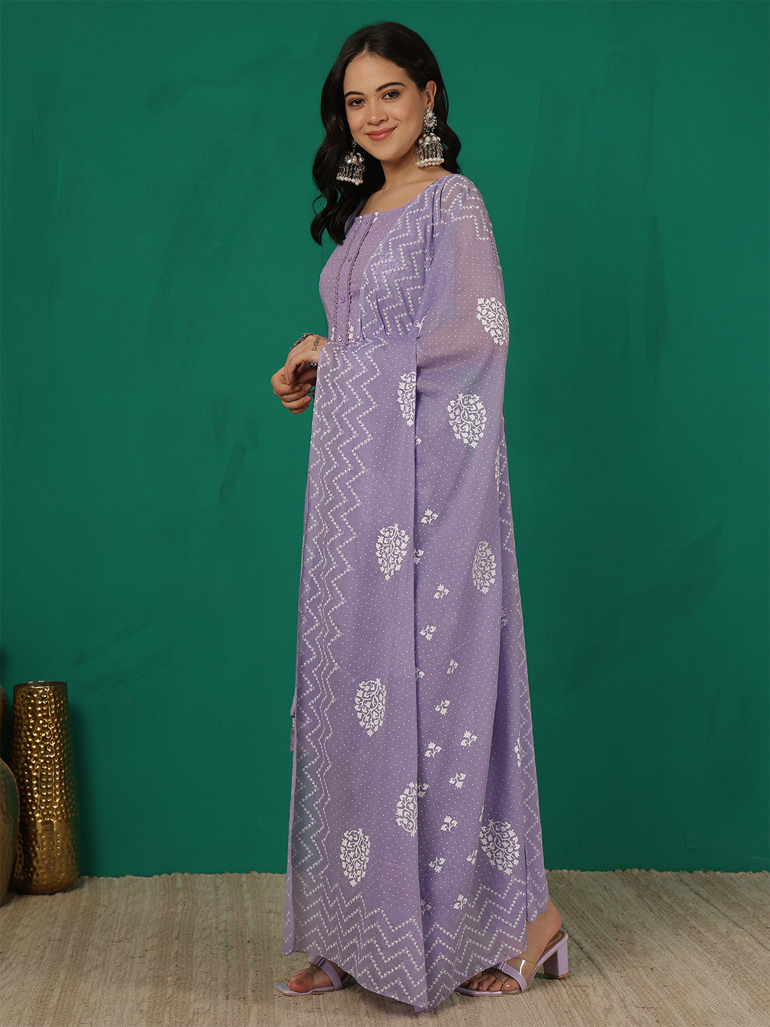 Purple Printed Kurta Set with Dupatta