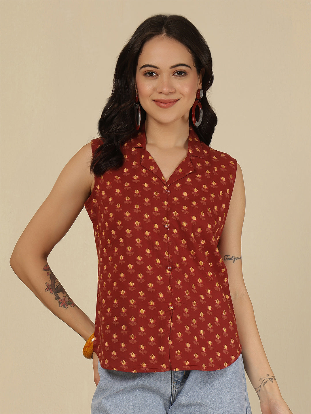 Maroon Printed Straight Top