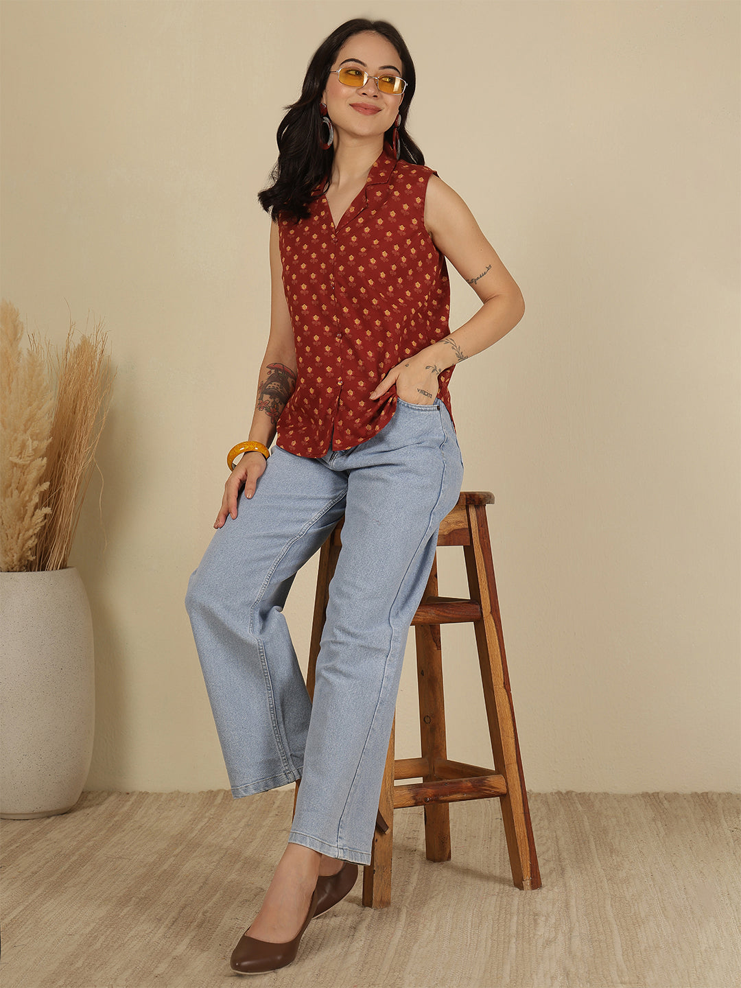 Maroon Printed Straight Top