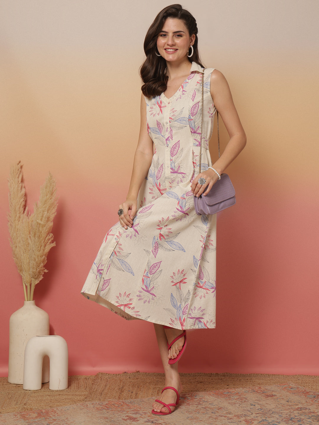 White Printed Notched Collar Dress