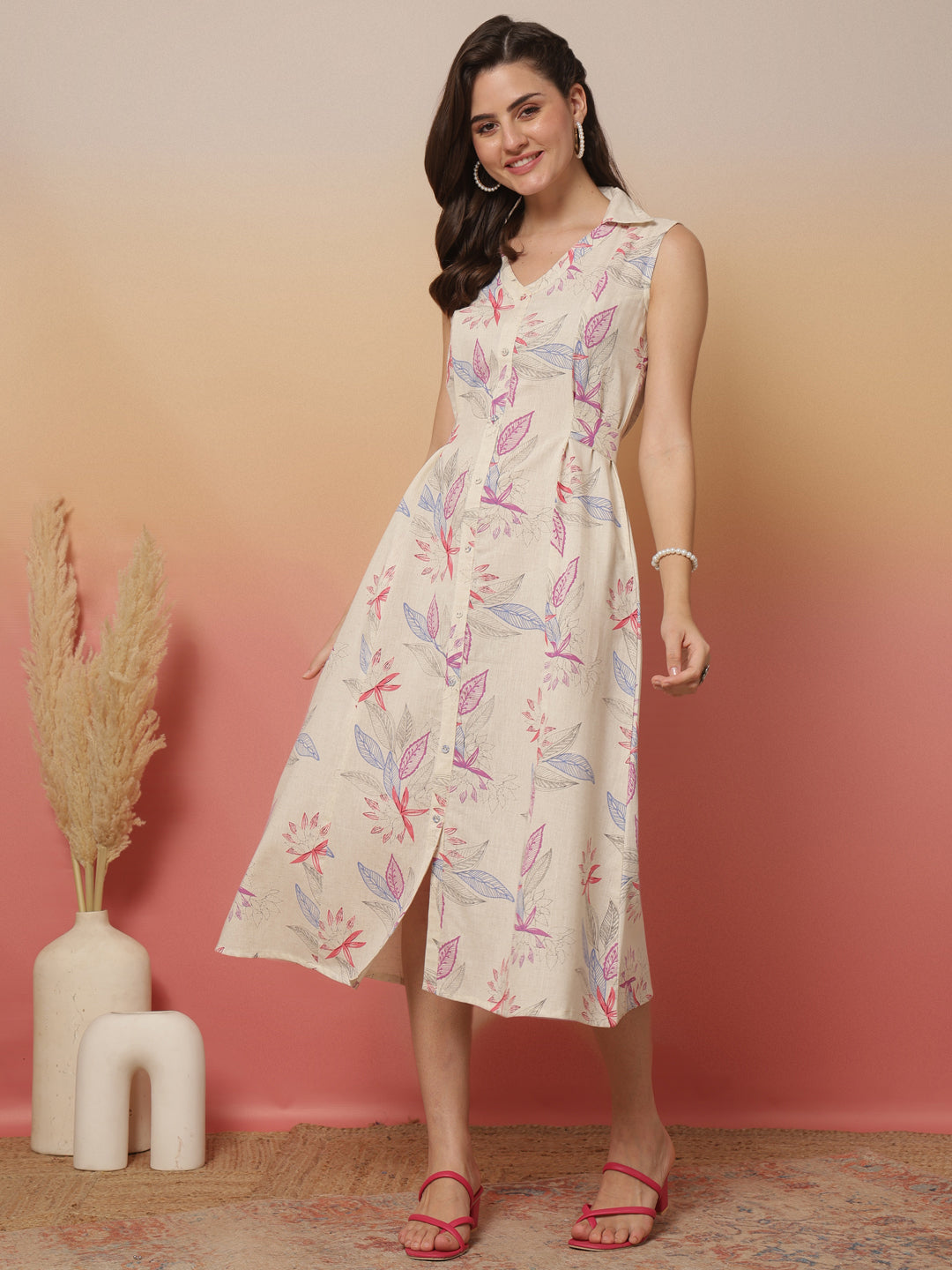 White Printed Notched Collar Dress