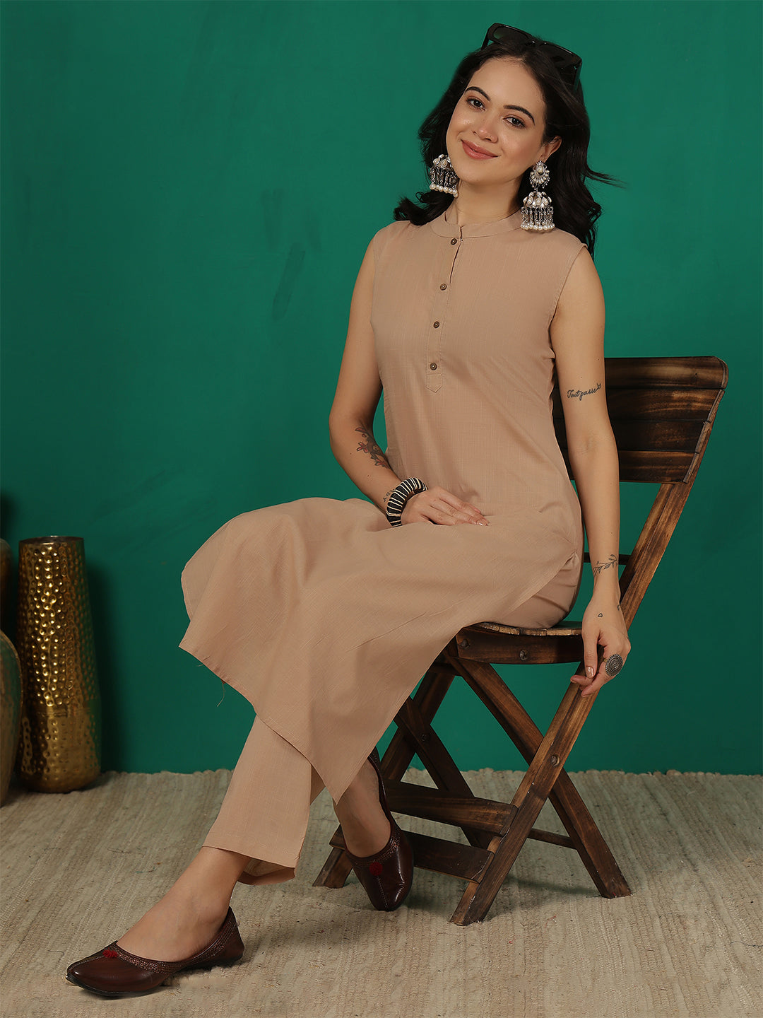 Beige Solid Kurta Set