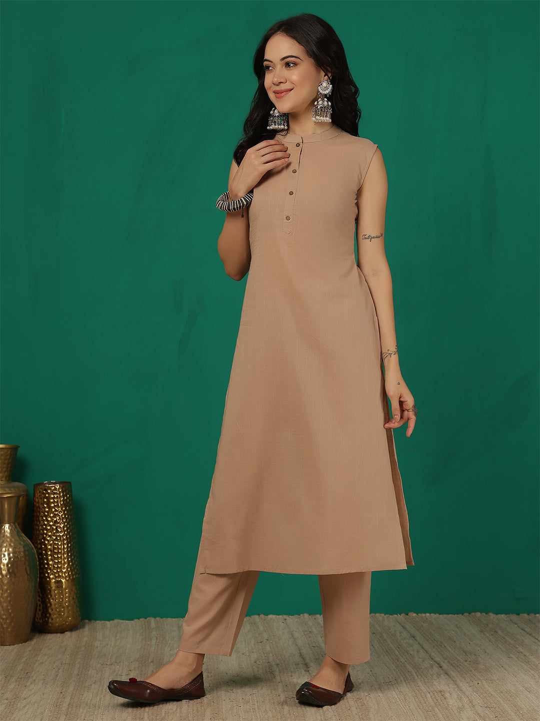 Beige Solid Kurta Set