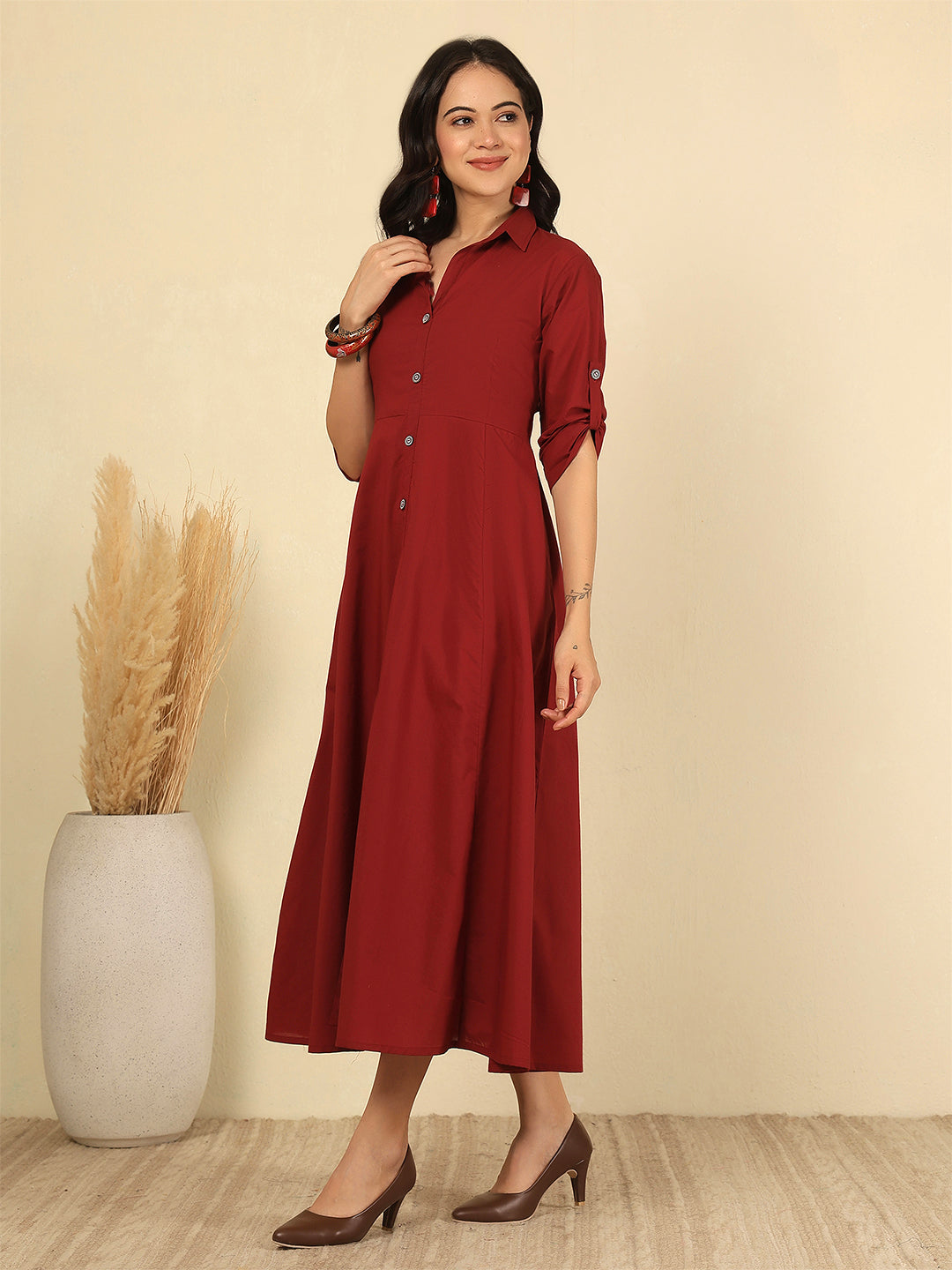 Maroon Solid Casual Wear Dress
