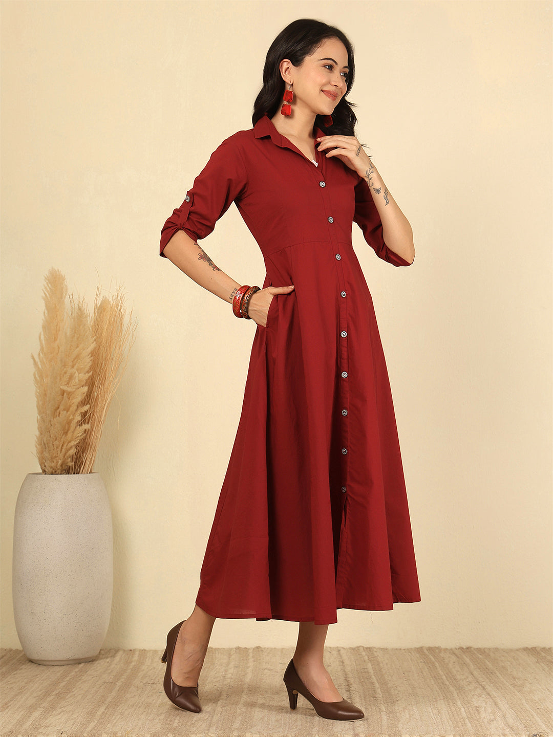 Maroon Solid Casual Wear Dress