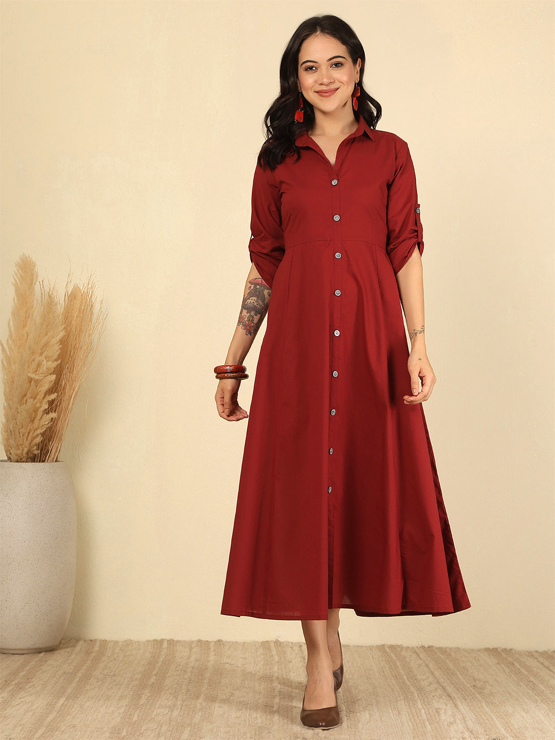 Maroon Solid Casual Wear Dress