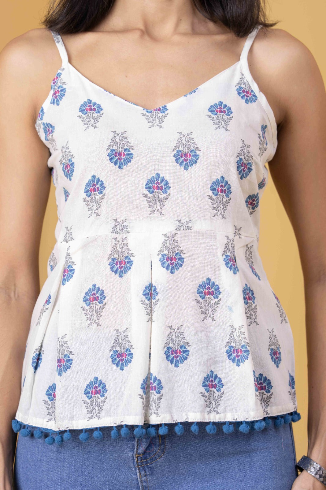 White Blue Printed Sleeveless Top