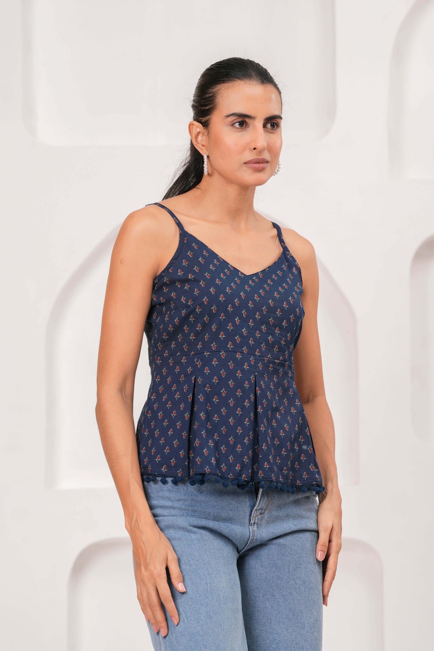 Navy Blue Printed Sleeveless Top