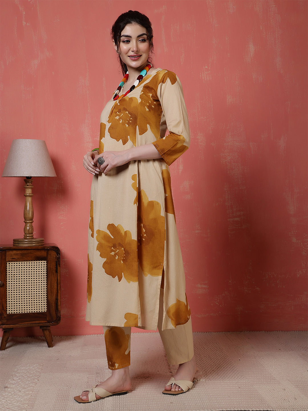 Beige Floral Printed Co-Ord Set