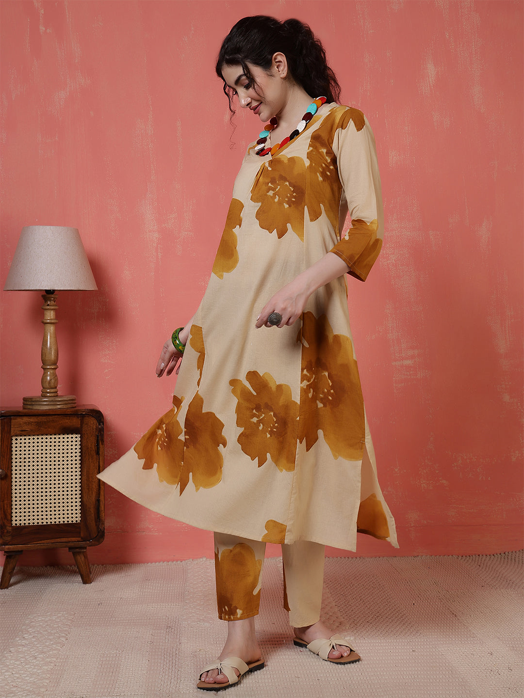 Beige Floral Printed Co-Ord Set