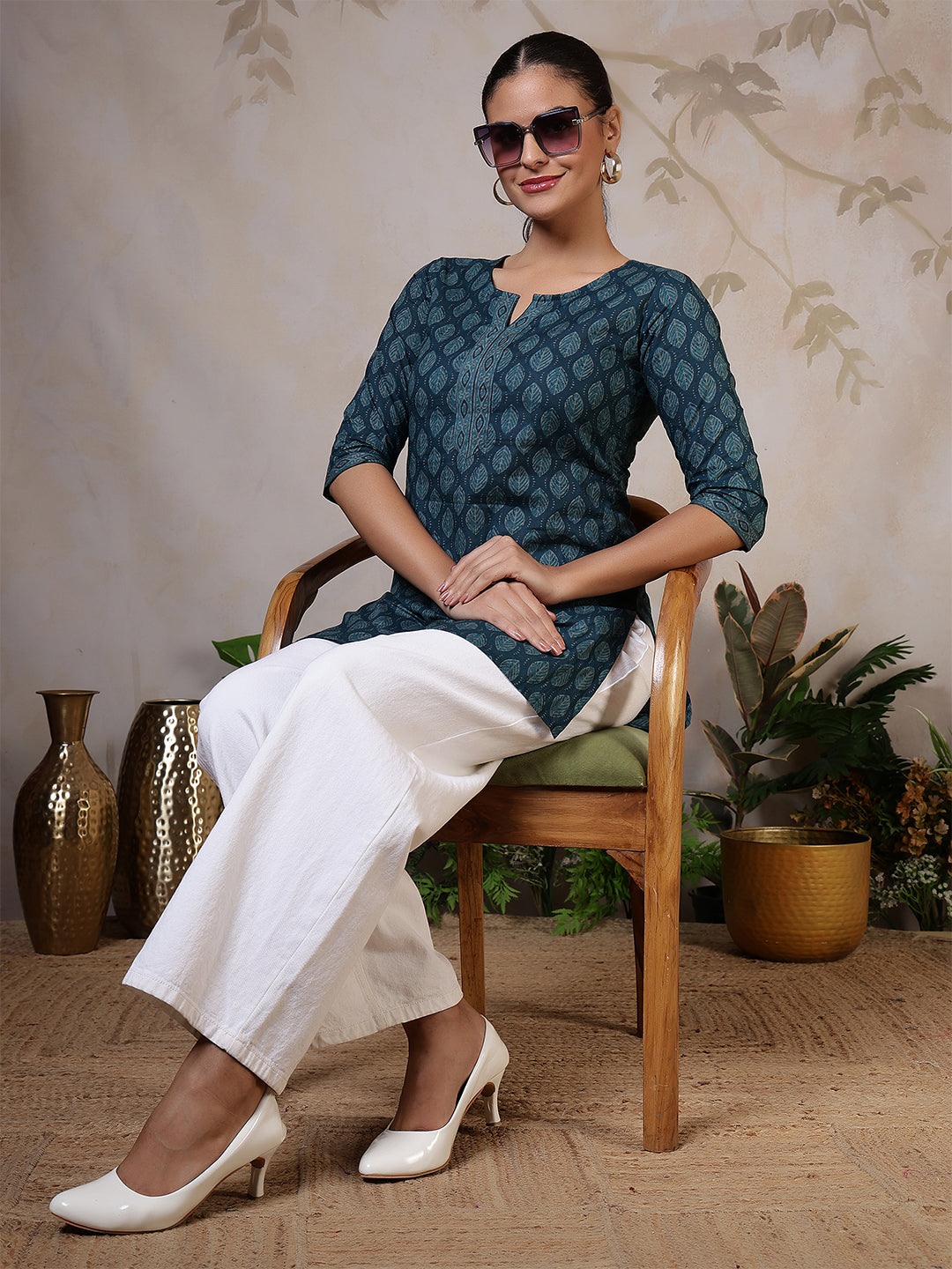 Teal Blue Printed Straight Tunic