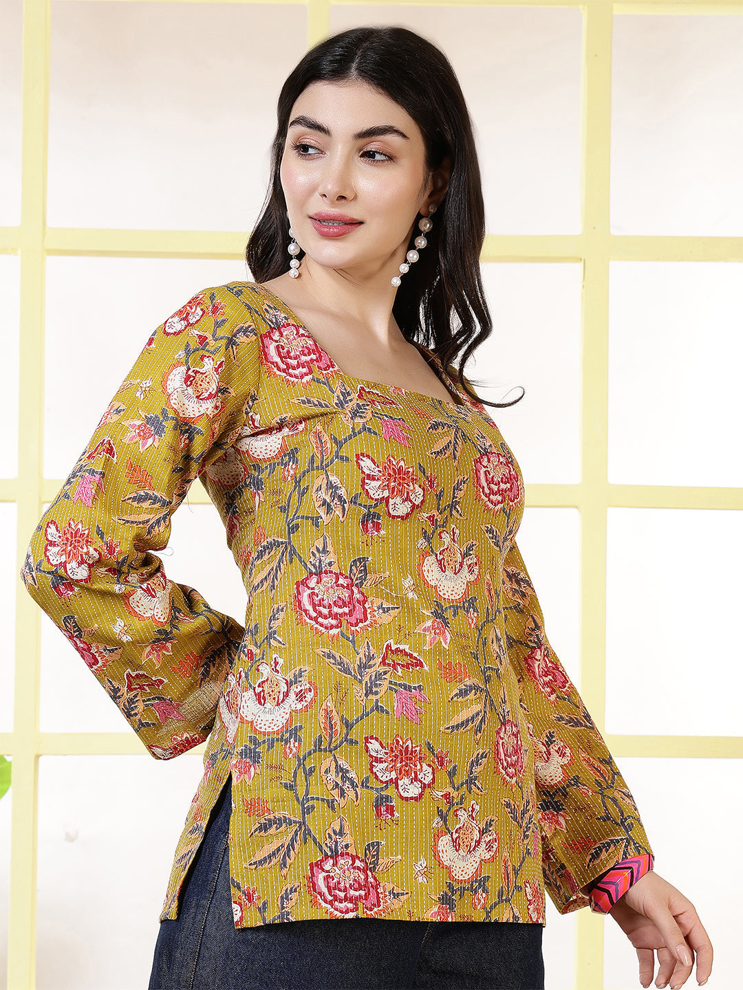 Women Mustard Printed Straight Tunic
