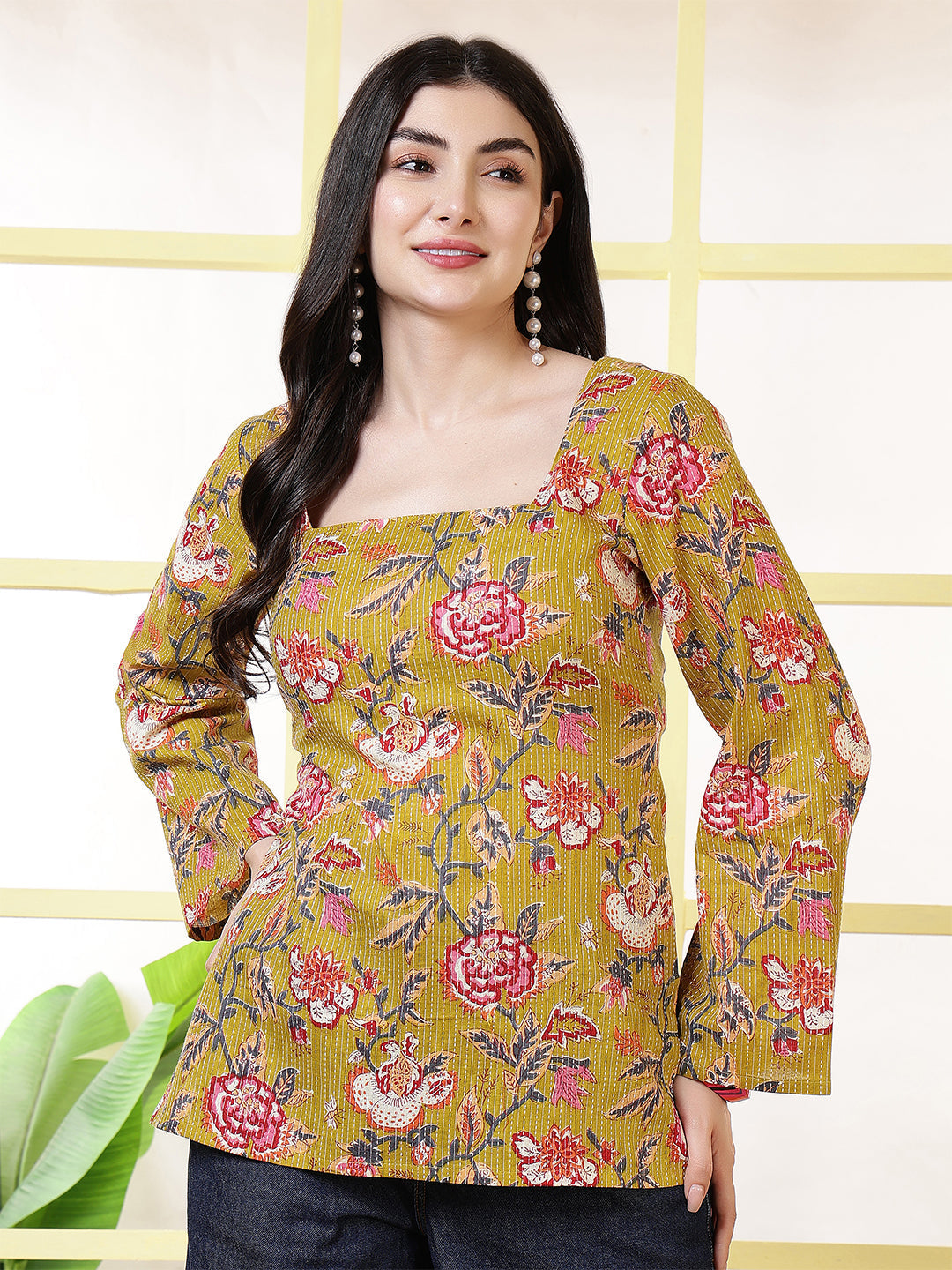 Women Mustard Printed Straight Tunic