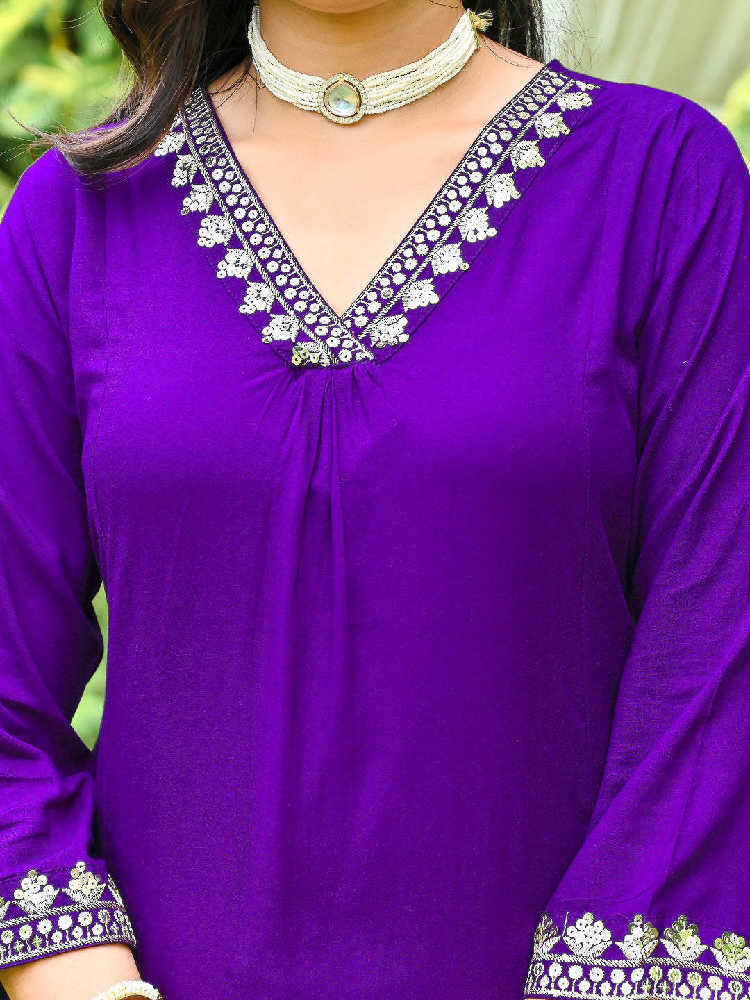 Purple Embroidered Kurta With Palazzo And Organza Dupatta