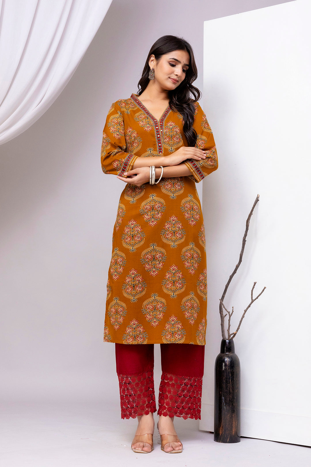 Mustard Printed Straight Kurta with Three Quarter Sleeves