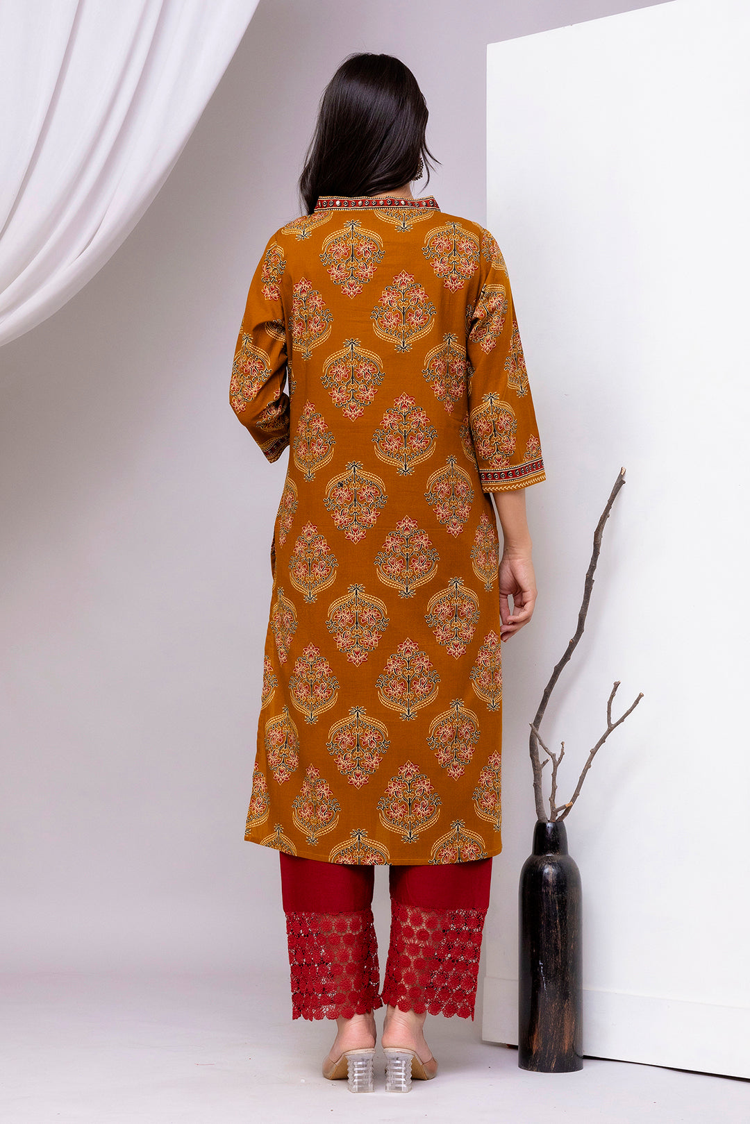 Mustard Printed Straight Kurta with Three Quarter Sleeves