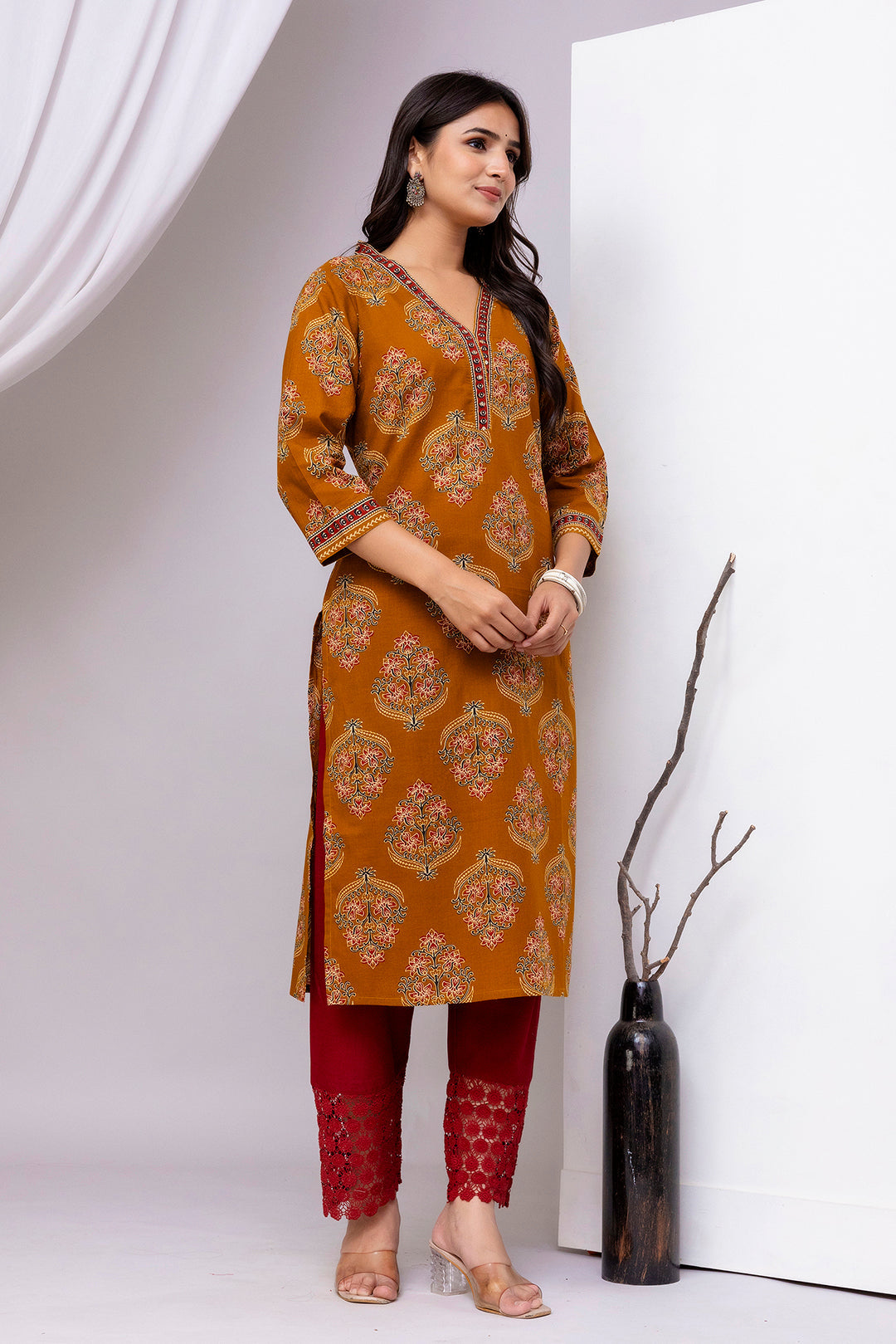 Mustard Printed Straight Kurta with Three Quarter Sleeves