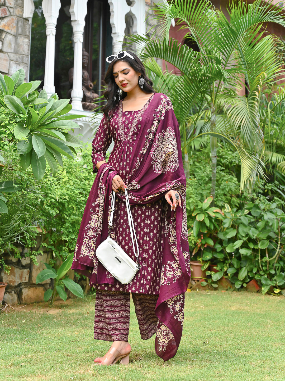 Wine Printed Straight Kurta & Palazzo With Dupatta for Women