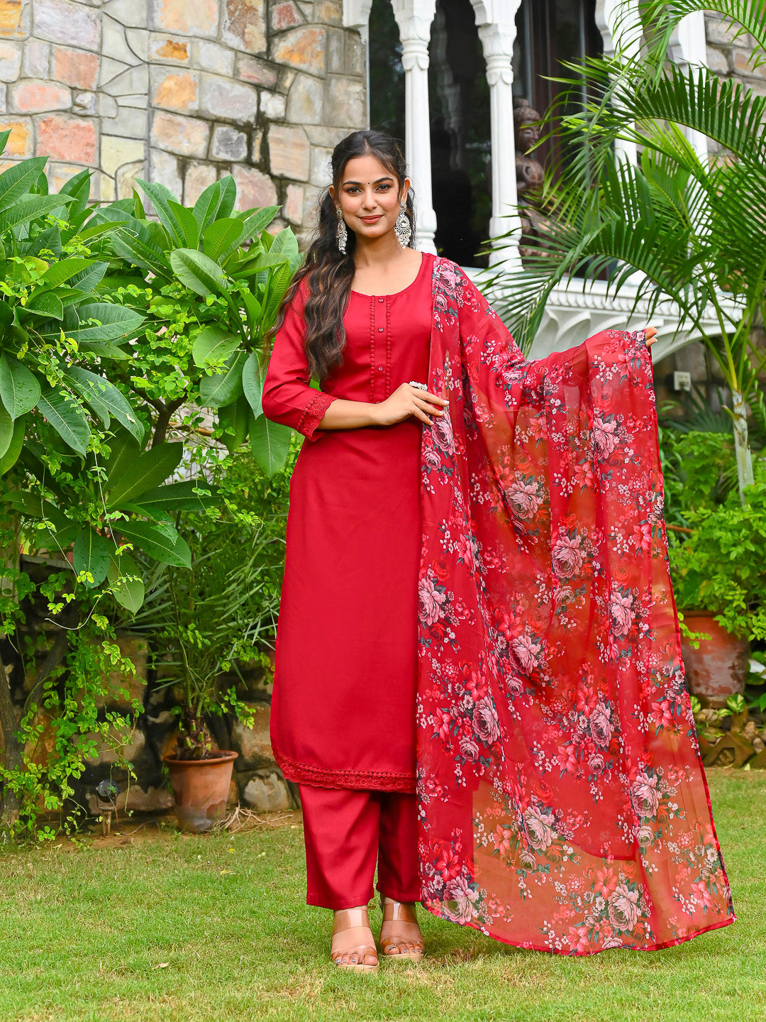 Maroon Solid Straight Kurta Set With Printed Dupatta for Women
