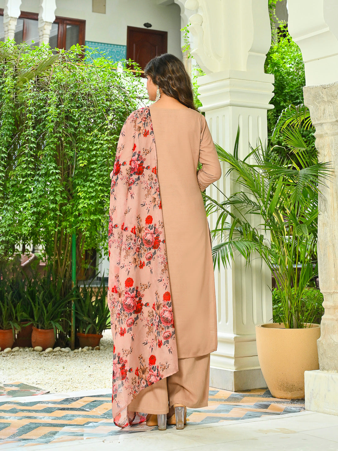 Beige Solid Straight Kurta Set With Printed Dupatta for Women