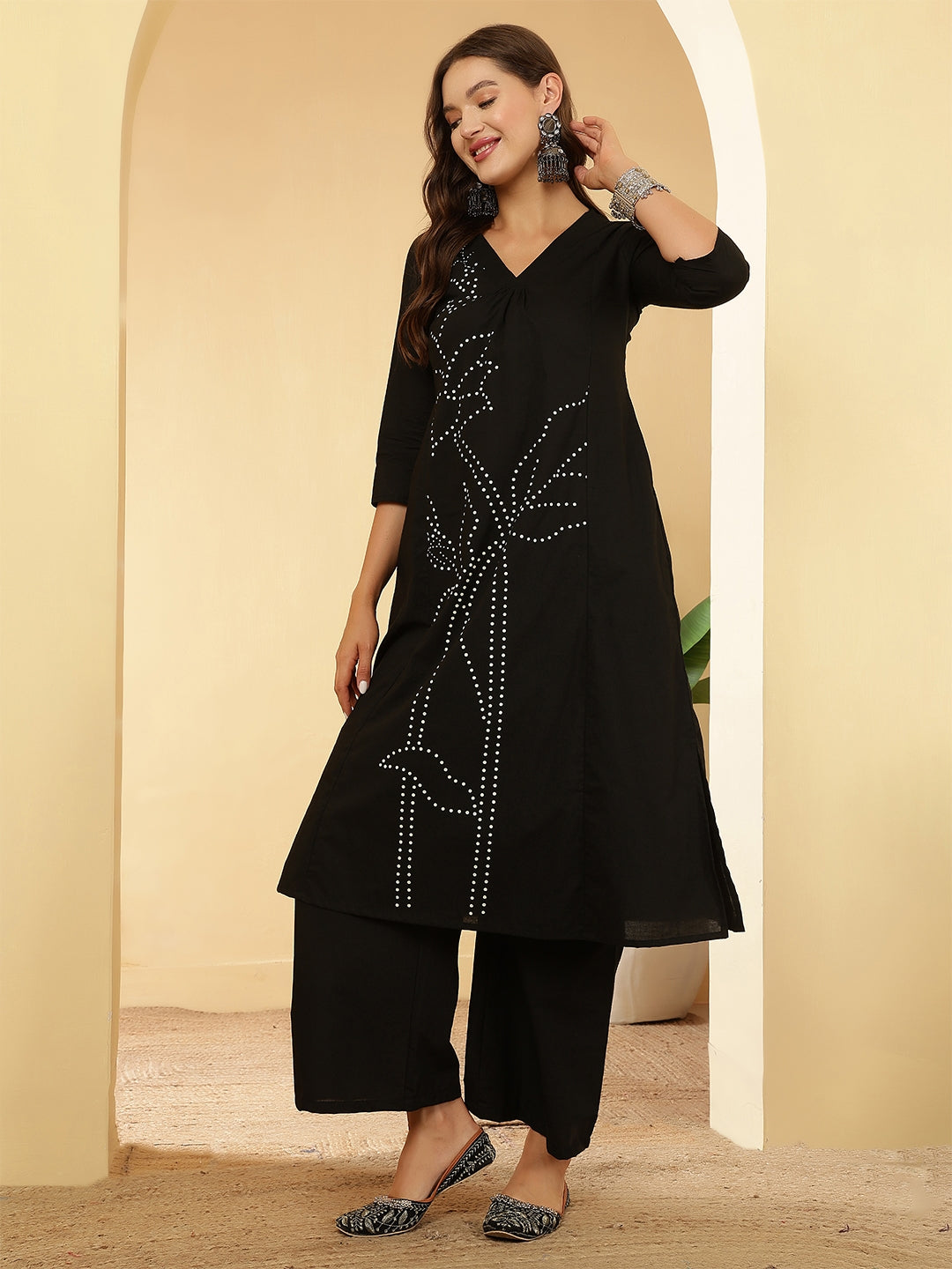 Black Printed Two Piece Cotton Co-ord Set for Women