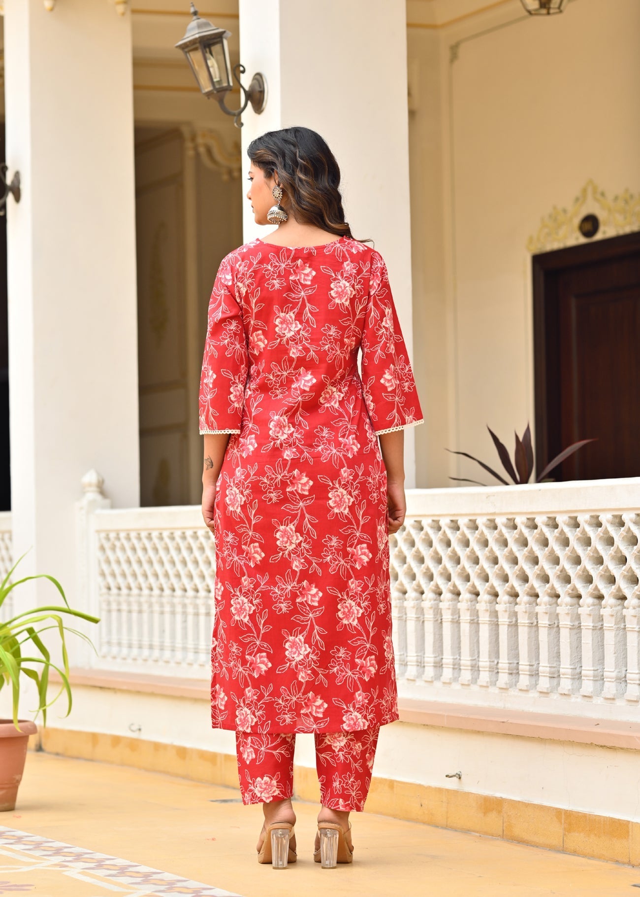 Red Printed Straight Kurta & Trouser With Dupatta for Women