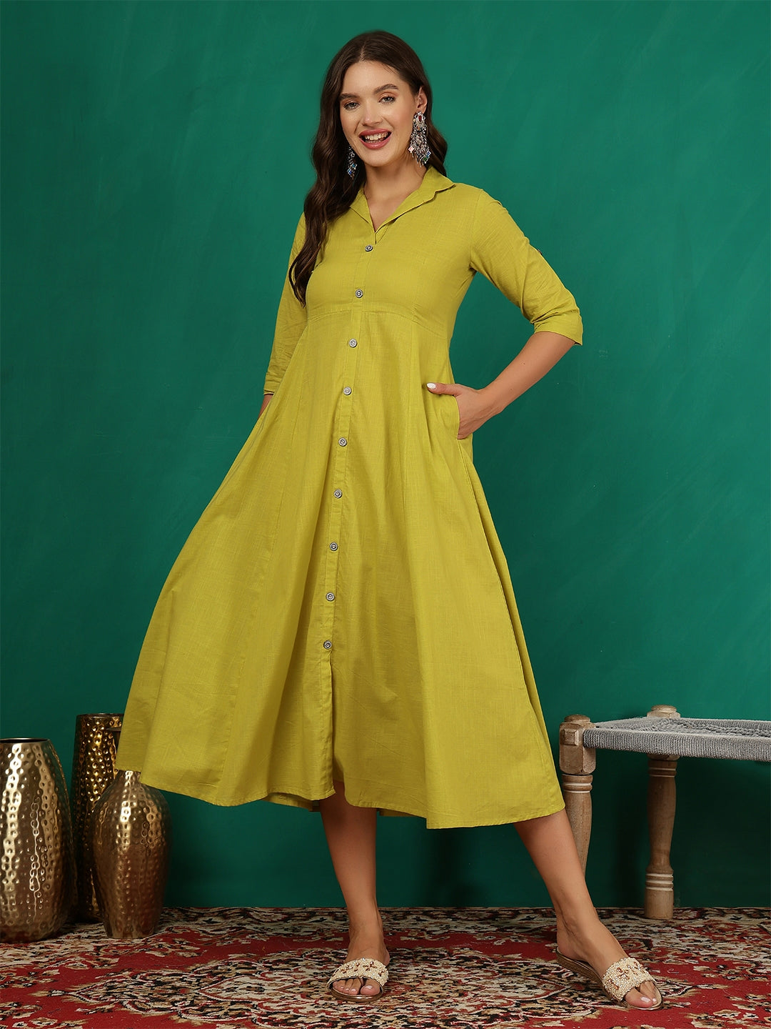 Green Solid Casual Wear Dress for Women XL(42) / Green Green Solid Casual Wear Dress for Women XL(42) / Green
