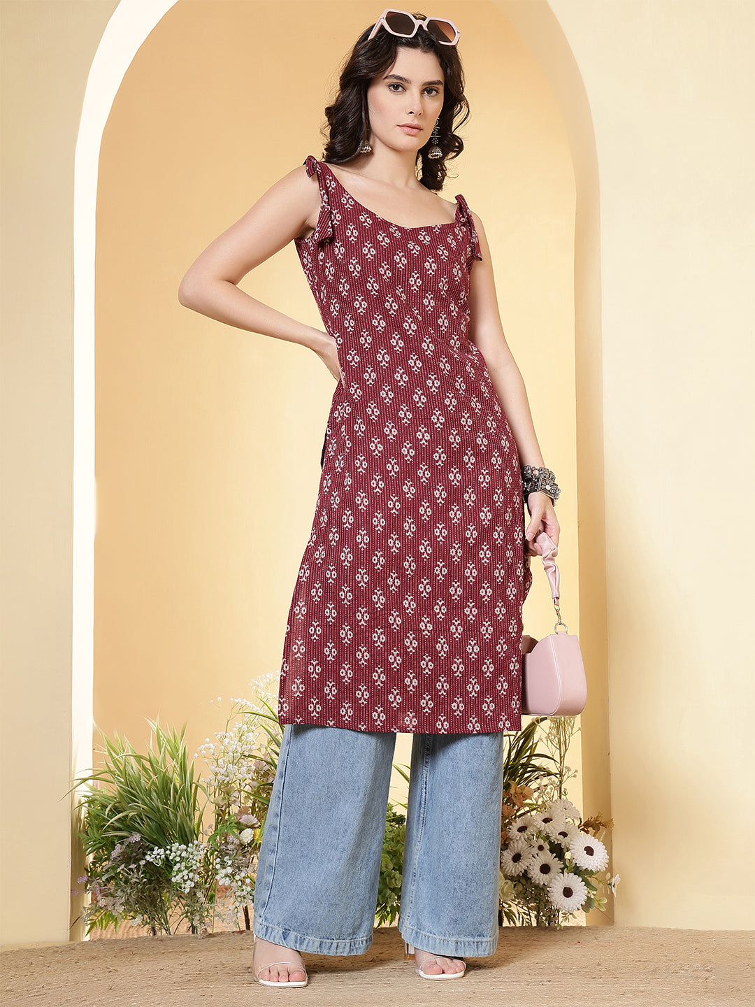 Burgundy Printed Stylish Back Straight Sleeveless Kurta