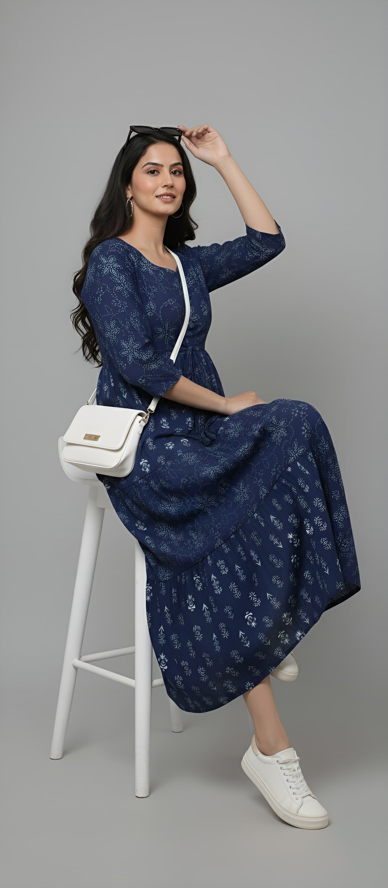 Navy Floral Printed Dress for Women