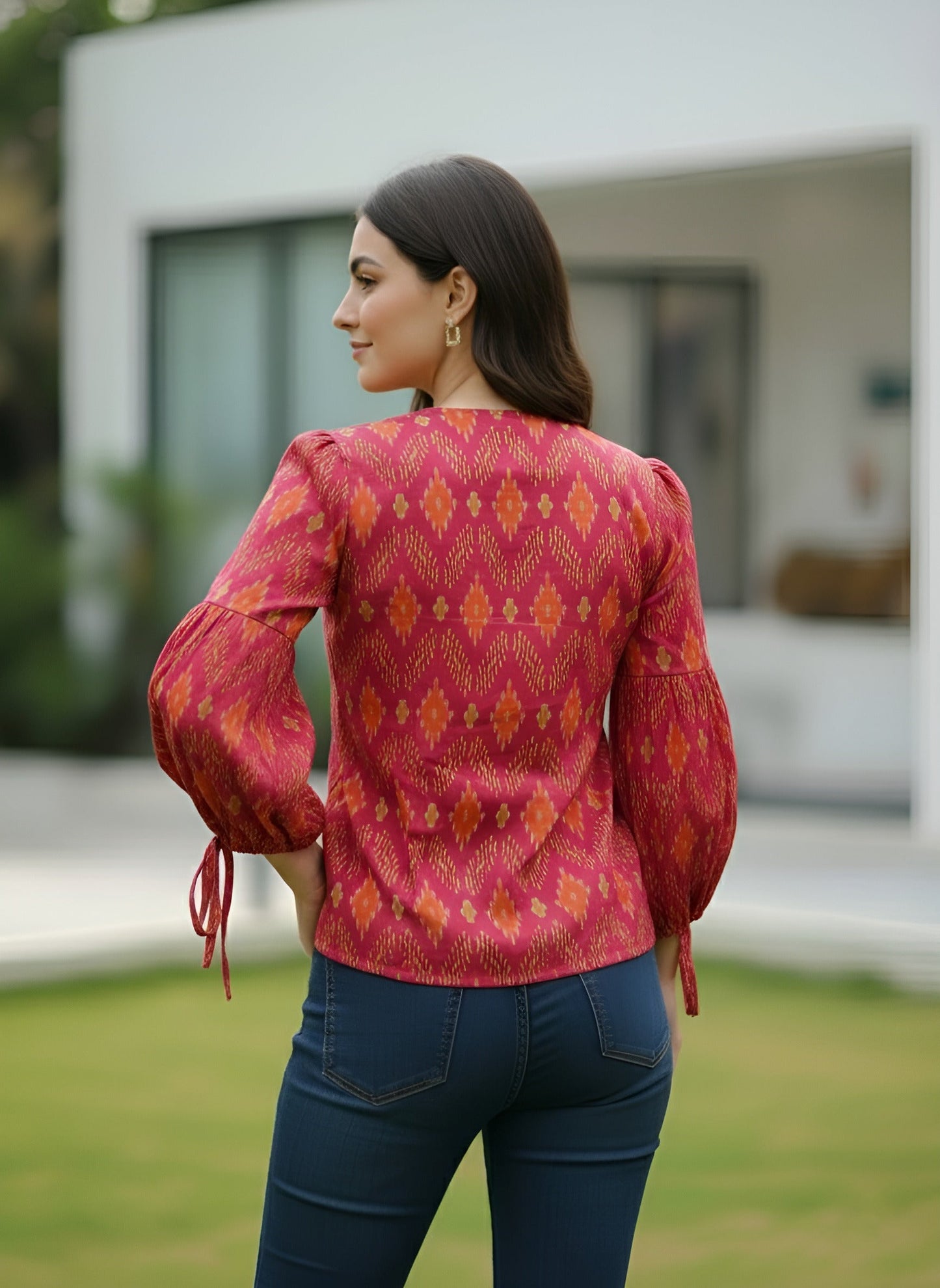 Printed Straight Top With Puff Sleeves