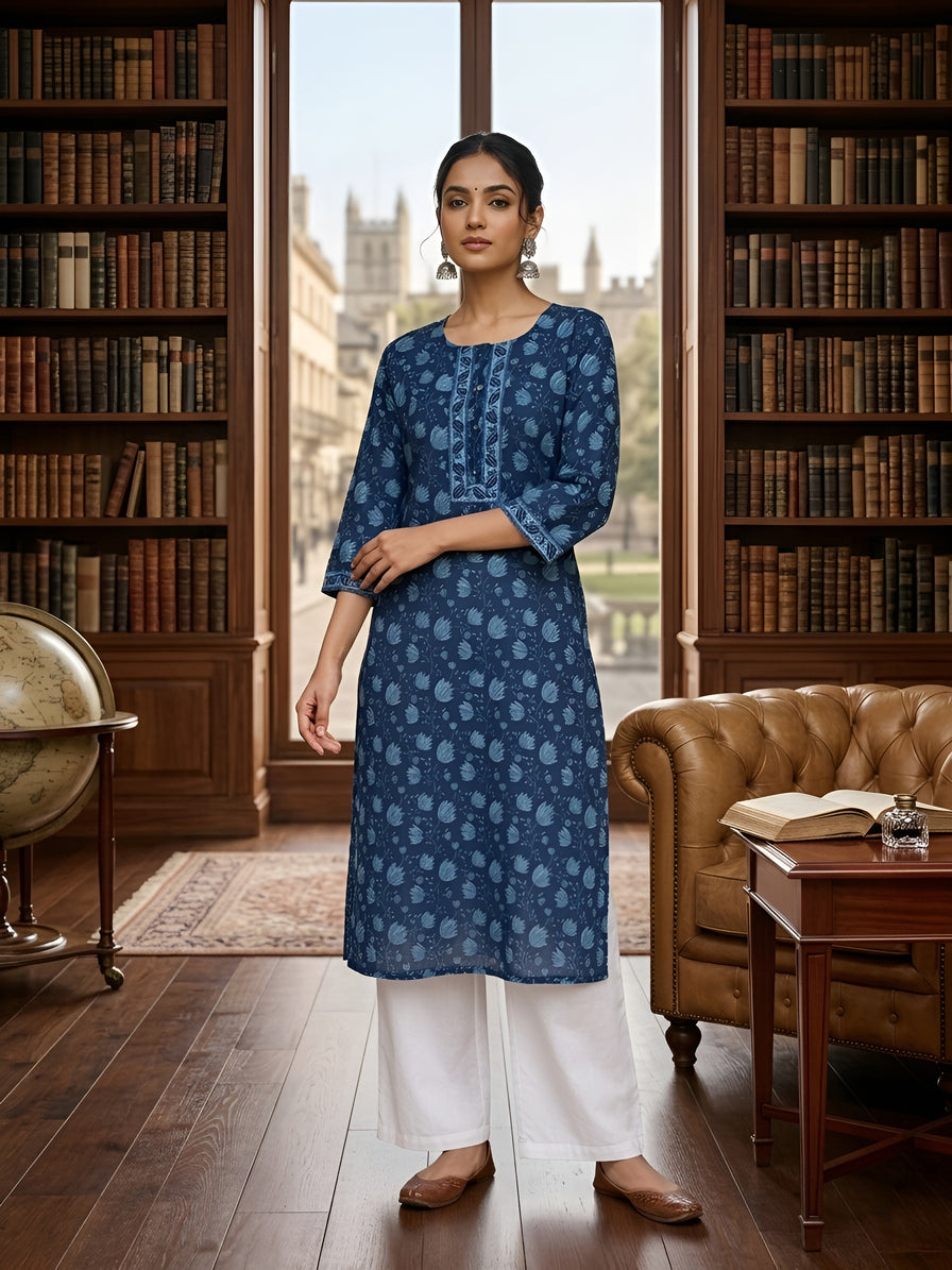 Printed Straight Kurta With Three Quarter Sleeves