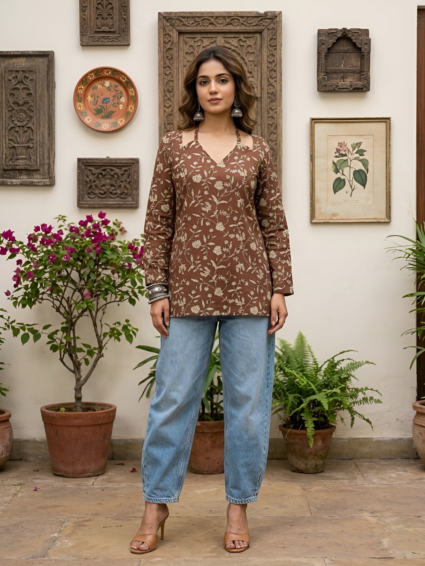 Printed Straight Tunic With Tie-Up Neck
