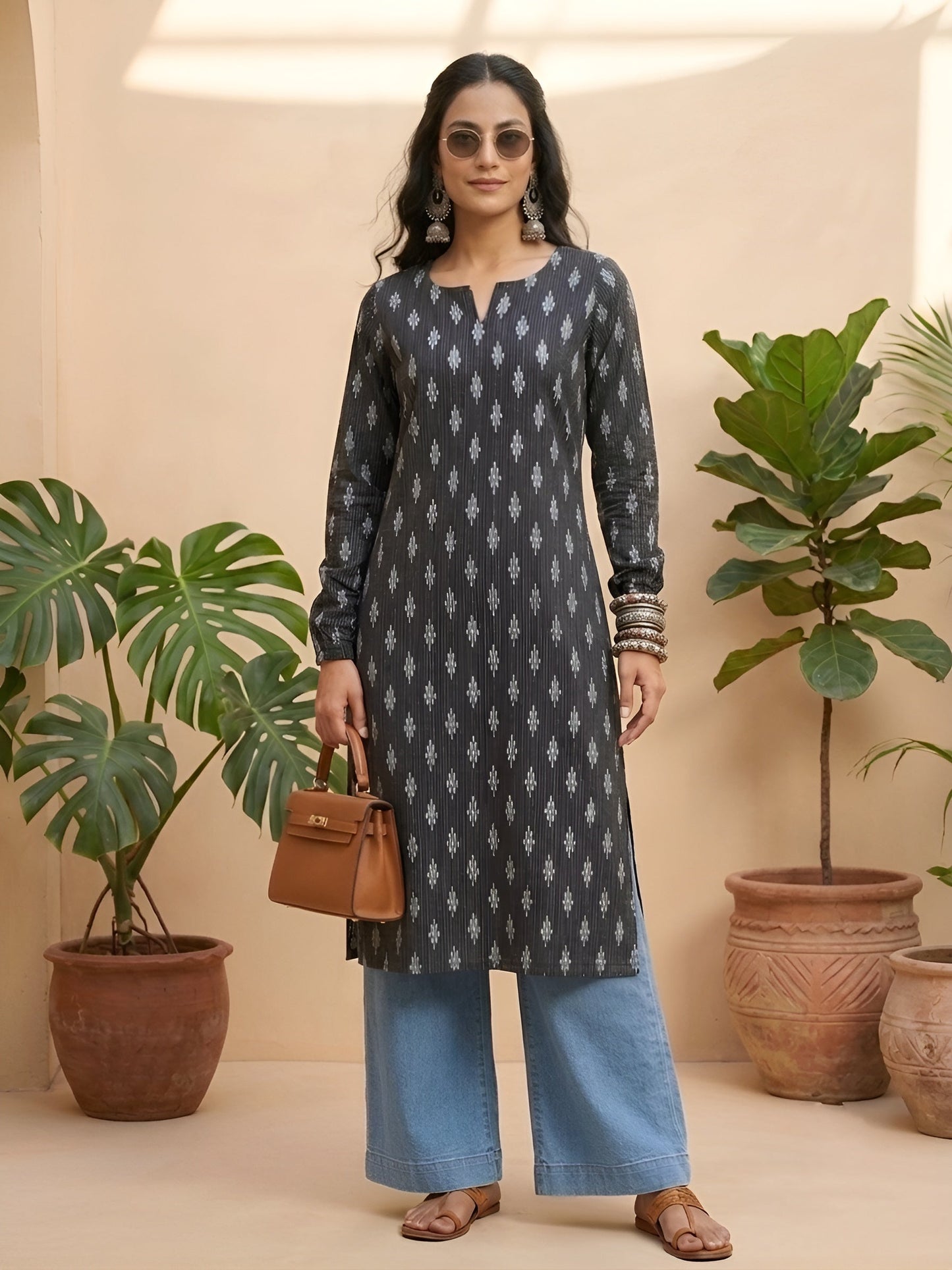Printed Straight Kurta With Three Quarter Sleeves