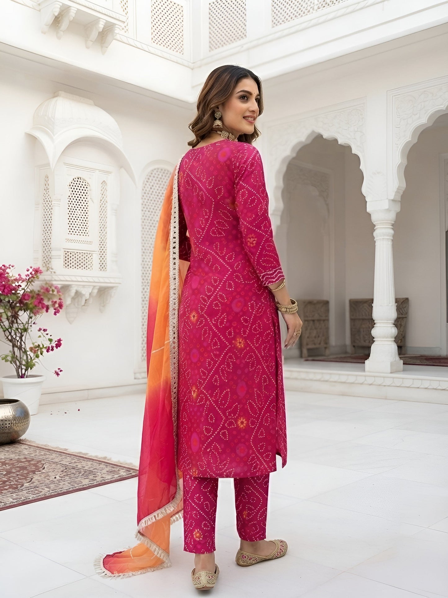 Bandhani Printed Straight Kurta Set With Dupatta