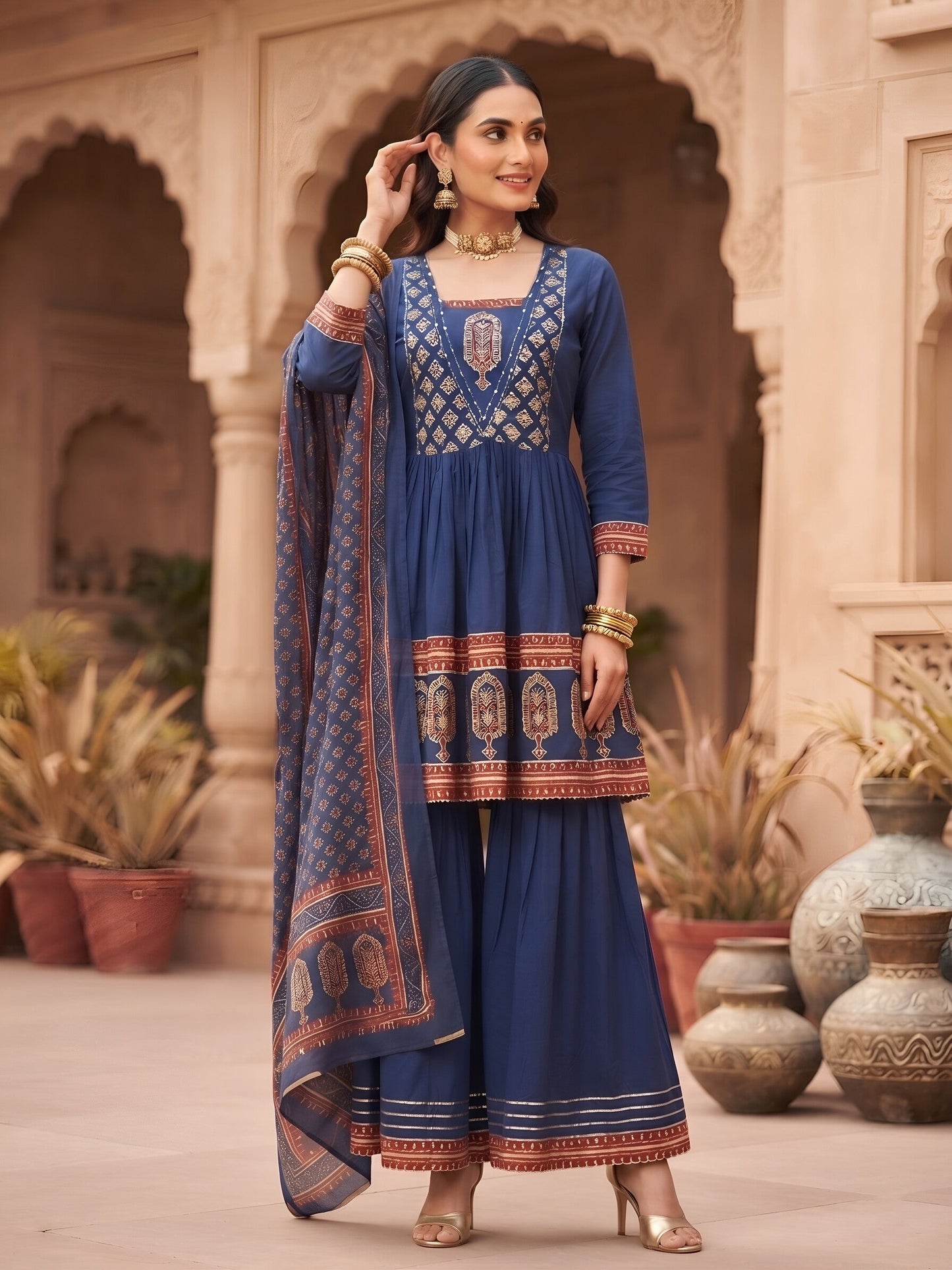 Printed Peplum Kurta Set With Dupatta