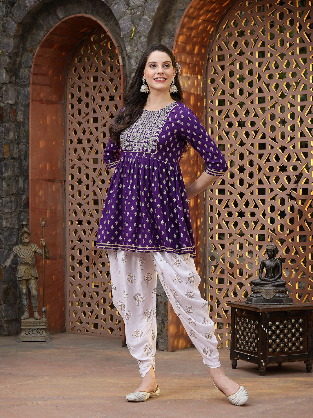 Printed & Embroidered Rayon Kurti with Dhoti Pant