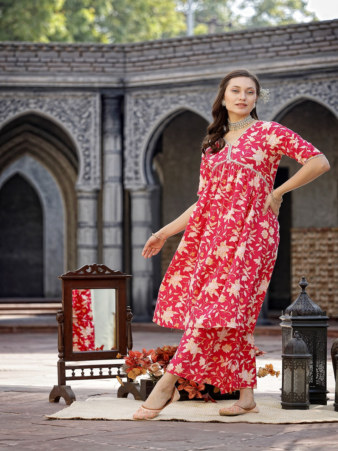 Floral Printed Cotton Pleated Kurta Palazzo Dupatta Set (Pre-Order)