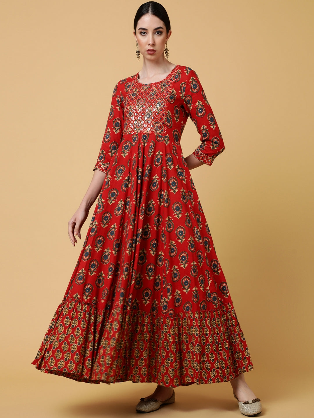 Rayon Ankle Length Printed Flared 3/4 Sleeves Round Kurta
