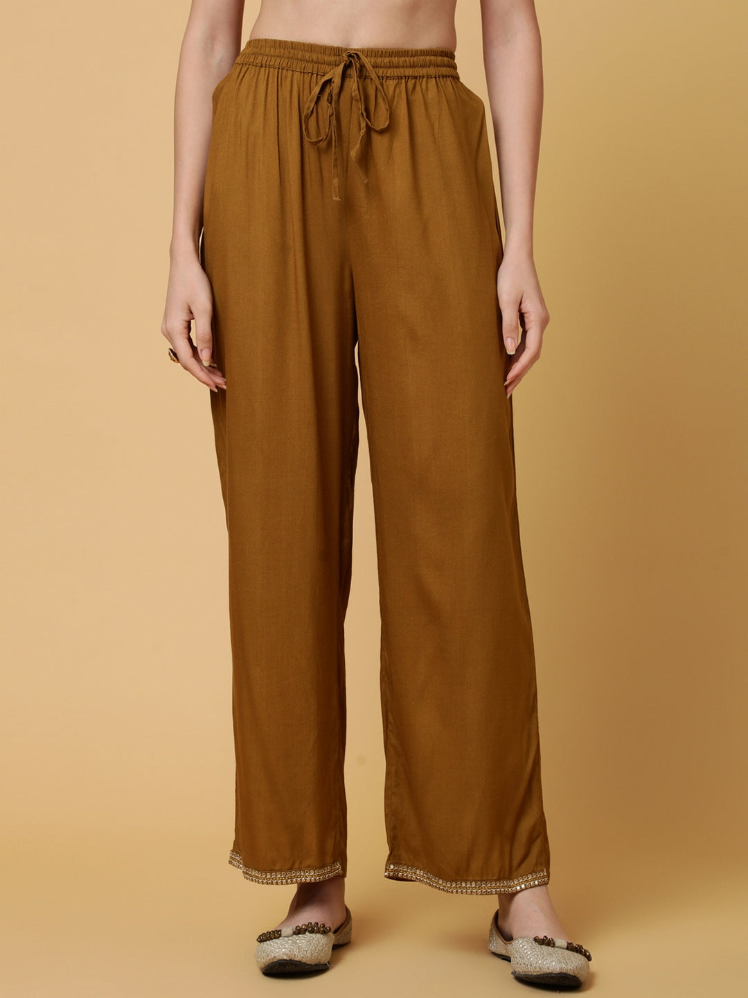 Rayon Calf Length Solid Semi-Flared 3/4 Sleeves V-Neck Kurta Bottom Set