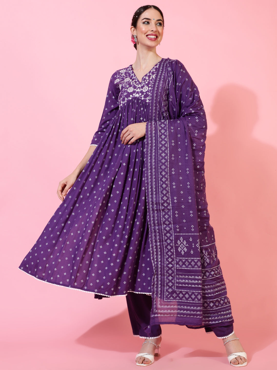 Rayon Calf Length Printed Flared 3/4 Sleeves V-Neck Kurta Bottom Dupatta Set